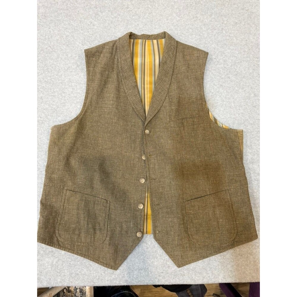 Kroon Vest Mens Brown Wool Cotton Modal Lined Striped Yellow Blue Interior